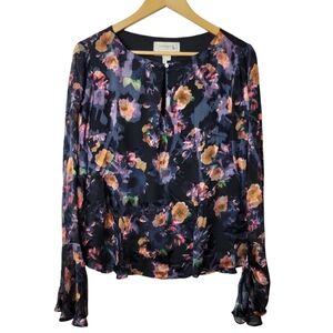 Nicole Miller Artelier Silk Floral Blouse Size S Navy Blue Long Sleeve Burnout